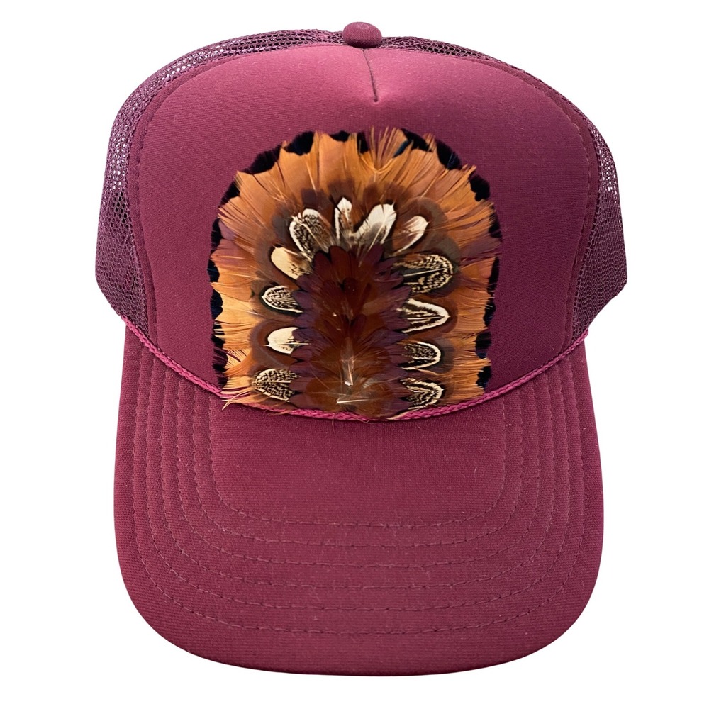 Mens Womens Turkey Feather Trucker Hat Burgundy Southwestern Mesh Snapback Boho